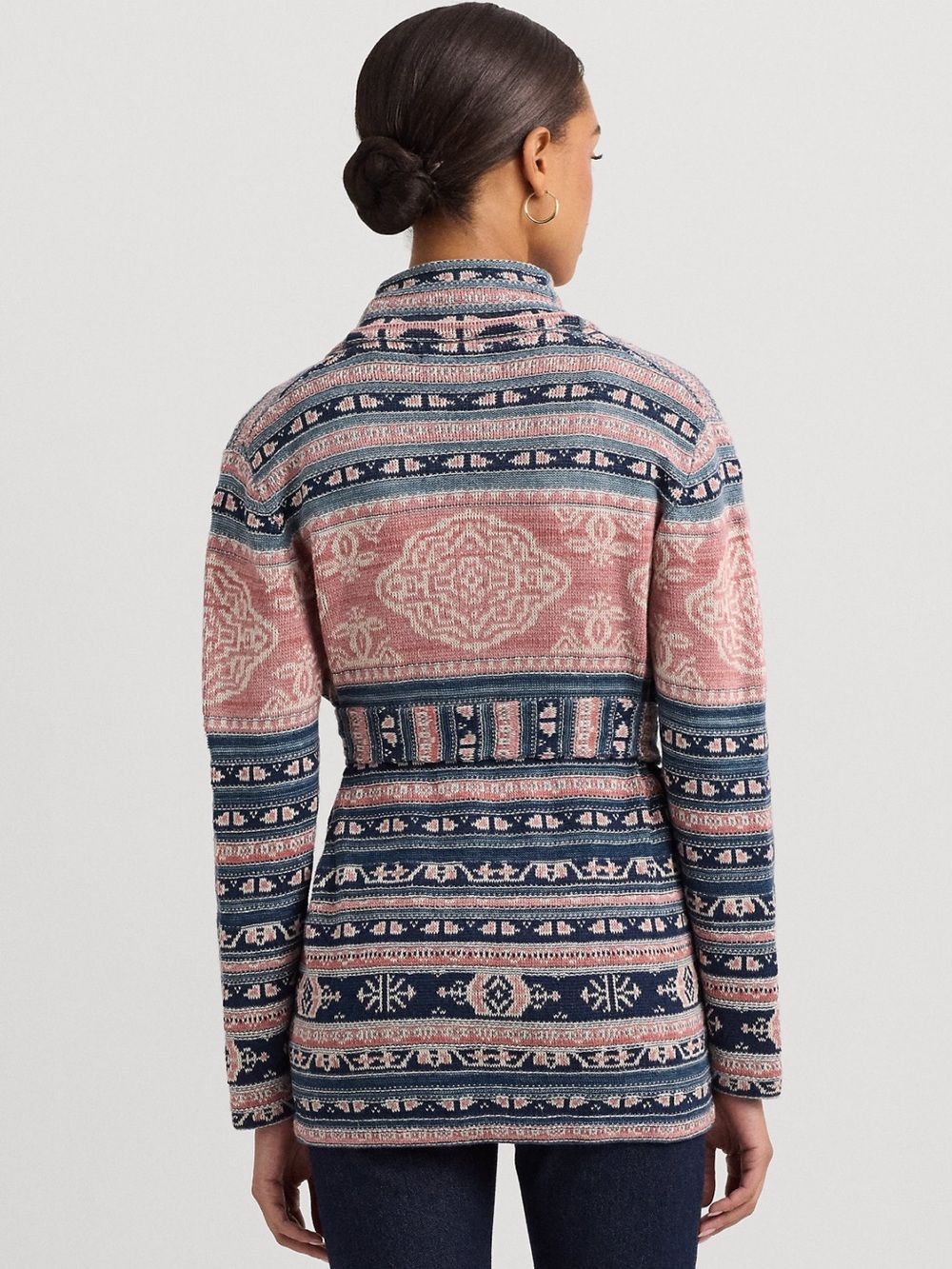 Lauren Ralph Lauren Geo-Motif Belted Linen-Cotton Cardigan Knit Cozy Large - Picture 2 of 8